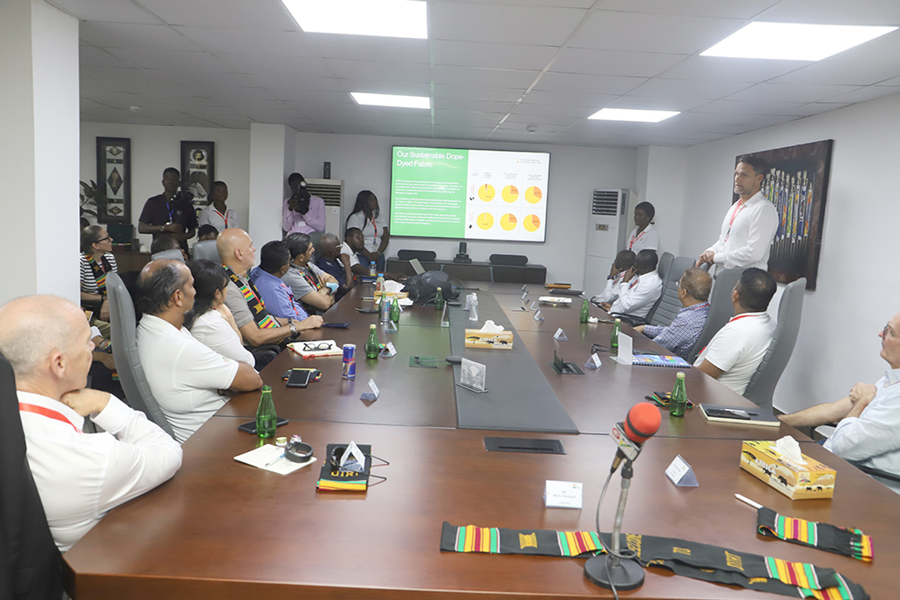 Marc Hansult (right), CO-Chief Executive Officer of the DTRT Apparel Limited explaining a point to some delegation from notable clothen Brands across the world, during a visit to the company in Accra. Picture: GABRIEL AHIABOR Opportunities in garments industry untapped — DTRT CEO